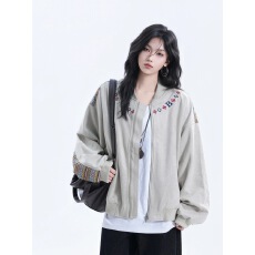 批发春秋刺绣美式复古民族风织带拼接<b class='q'>夹克</b>女设计感小众宽松外套潮