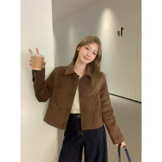 批发咖色麂皮外套女短款2025年春秋韩系宽松休闲美式复古机车夹克上衣