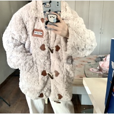 批发2023年冬款羊羔毛外套女中长款毛绒绒牛角扣立领皮草宽松加厚上衣