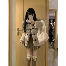 批发冬季新款加厚仿兔毛小香风外套女设计感韩系羊羔毛牛角扣毛毛上衣