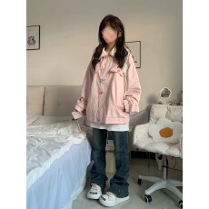 批发粉色小碎花翻领<b class='q'>牛仔</b>外套女秋季设计感彩色扣宽松百搭夹克上衣新款