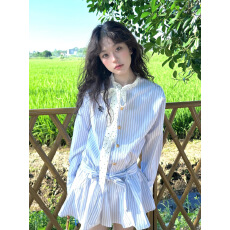 批发早春学院风蝴蝶结<b class='q'>条纹</b>衬衫连衣裙子女秋夏2025新款小个子韩系穿搭