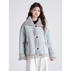 批发韩版高级感皮毛一体加厚外套女2025秋冬新款宽松小个子麂皮绒外套