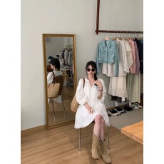 批发2023新款民族风镂空法式拼接长袖连衣裙夏季波西米亚宽松A字短裙