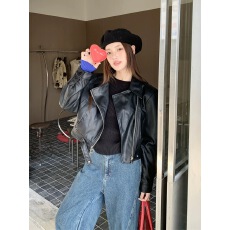 批发欧货翻领短款pu皮外套女2023秋冬新款高级感机车炸街小个子皮夹克