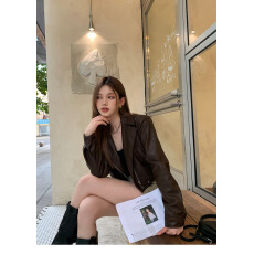 批发欧货翻领短款pu皮外套女2023秋冬新款高级感机车炸街小个子皮夹克