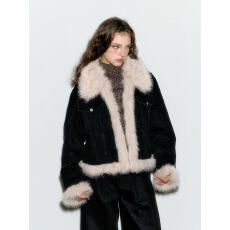 批发复古宽松牛仔外套女秋冬季加厚2025新款高级感拼接毛毛棉服爆款