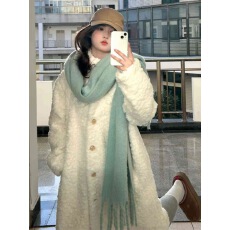 批发刷花立领大衣2025<b class='q'>秋</b>冬加厚宽松加棉羊羔毛长款环保毛毛外套女