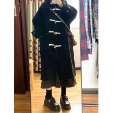 批发牛角扣毛呢外套女中长款2023秋<b class='q'>冬</b>新款赫本风小个子连帽呢子大衣潮