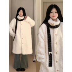 批发刷花立领大衣2025<b class='q'>秋</b>冬加厚宽松加棉羊羔毛长款环保毛毛外套女