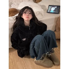 批发2025新款兔耳朵仿羊羔毛外套女<b class='q'>短款</b>修身显瘦环保毛棉服上衣学院风