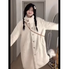 批发刷花立领大衣2025<b class='q'>秋</b>冬加厚宽松加棉羊羔毛长款环保毛毛外套女