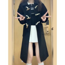 批发牛角扣毛呢外套女中长款2023<b class='q'>秋</b>冬新款赫本风小个子连帽呢子大衣潮
