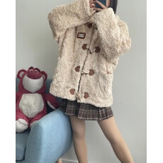 批发2023年冬款羊羔毛外套女中长款毛绒绒牛角扣立领皮草宽松加厚上衣