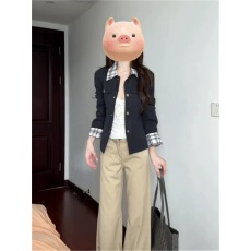 批发独特漂亮的初秋<b class='q'>外套</b>女2025新款春秋小个子休闲翻领格纹拼接夹克潮