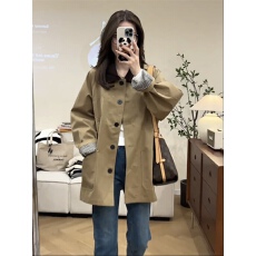 批发2025新款秋季小个子中长款风衣休闲高级感女撞色宽松卡其色外套