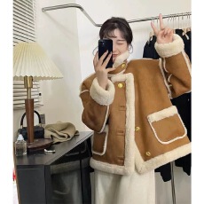 批发小香风<b class='q'>皮毛</b><b class='q'>一体</b>麂皮绒外套女2025冬季新款爆款韩系加绒加厚机车服