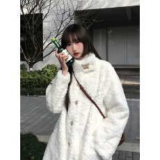 批发刷花立领大衣2025秋冬加厚宽松加棉羊羔毛长款环保毛毛外套女