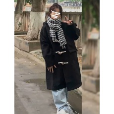 批发牛角扣毛呢外套女中长款2023秋冬新款赫本风小个子连帽呢子大衣潮