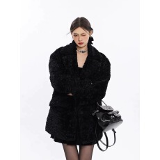 批发Teddy 黑色皮毛一体仿貂毛翻领羊羔毛外套女冬加厚加棉毛毛外套