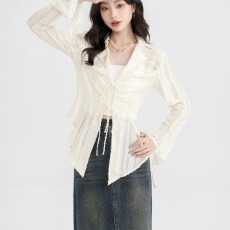 批发杏色<b class='q'>雪纺</b>防晒<b class='q'>衬衫</b>女装春夏修身<b class='q'>长袖</b><b class='q'>衬衣</b>v领不规则设计感小众上衣