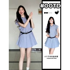 批发学院风蓝色<b class='q'>条纹</b>衬衫连衣裙子女收腰显瘦气质设计感小众百褶<b class='q'>短裙</b>夏