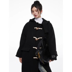 批发牛角扣毛呢外套女中长款2023秋<b class='q'>冬</b>新款赫本风小个子连帽呢子大衣潮