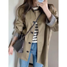批发2025新款秋季小个子中长款风衣休闲高级感女撞色宽松卡其色外套