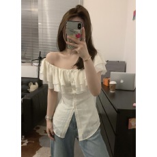 批发法式荷叶边一字肩<b class='q'>衬衫</b>女夏季收腰显瘦掐腰<b class='q'>衬衣</b>小众设计感露肩上衣
