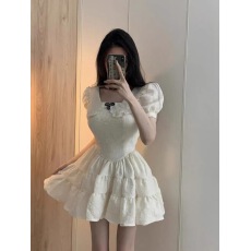 批发法式甜美杏色娃娃领泡泡袖掐腰<b class='q'>连衣裙</b>2025夏季百搭公主蓬蓬短裙