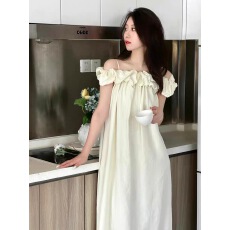 批发法式绝美白色一字肩吊带<b class='q'>连衣裙</b>子女夏季2025新款海边度假宽松<b class='q'>长裙</b>