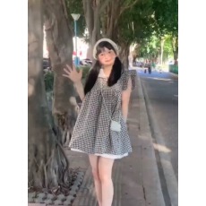 批发法式甜美坎肩<b class='q'>连衣裙</b>女夏季小个子裙子娃娃领格子裙飞飞袖气质短裙