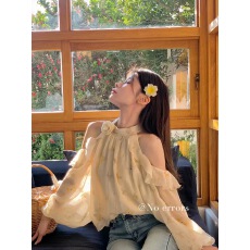 批发法式甜美挂脖衬衫2025新款女薄款露肩荷叶边长袖雪纺小衫气质上衣