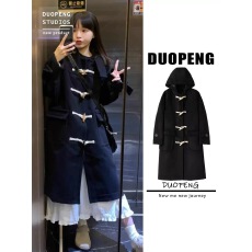 批发牛角扣毛呢外套女中<b class='q'>长款</b>2023秋冬新款赫本风小个子连帽呢子大衣潮