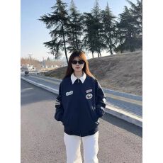 批发美式复古翻领外套女秋季2025新款潮牌设计感宽松情侣休闲夹克上衣