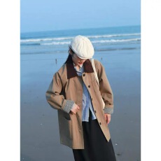 批发2025新款秋季小个子中长款风衣休闲高级感女撞色宽松卡其色外套