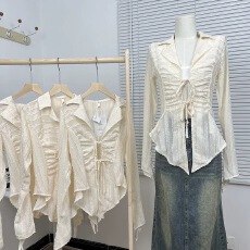 批发杏色雪纺防晒<b class='q'>衬衫</b>女装春夏修身长袖<b class='q'>衬衣</b>v领不规则设计感小众上衣