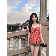 批发复古格子小吊带外穿抹胸背心女纯欲风夏季甜辣妹收腰无袖小衫上衣