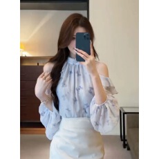 批发法式甜美挂脖<b class='q'>衬衫</b>2025新款女薄款露肩荷叶边<b class='q'>长袖</b><b class='q'>雪纺</b>小衫气质上衣
