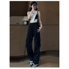 批发美式黑色高腰直筒工装裤女夏季垂感宽松阔腿裤小个子休闲拖地裤子