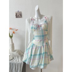 批发森女系想去海边 彩虹甜点 可爱少女甜美森女彩色格子吊带<b class='q'>连衣裙</b>