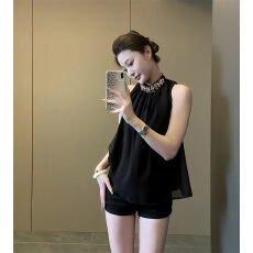 批发法式复古高级感无袖挂脖<b class='q'>衬衫</b>女夏季设计感小众宽松中长款气质上衣