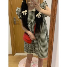 批发法式<b class='q'>甜美</b>坎肩连衣裙女夏季小个子裙子娃娃领格子裙飞飞袖气质短裙