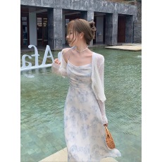 批发法式雪纺碎花吊带连衣裙套装夏季小香风针织开衫外套两件套女<b class='q'>裙子</b>