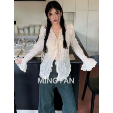 批发杏色雪纺防晒衬衫女装春夏修身长袖衬衣v领<b class='q'>不规则</b>设计感小众上衣