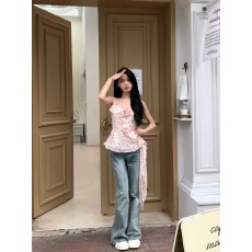 批发甜辣风粉色碎花荷叶边吊带背心女夏季新款收腰显瘦绝美挂脖上衣女