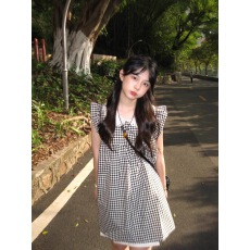 批发法式甜美坎肩<b class='q'>连衣裙</b>女夏季小个子裙子娃娃领格子裙飞飞袖气质短裙