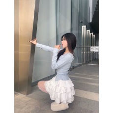 批发两件套装<b class='q'>夏</b>新款甜美设计感拼接长袖T恤高腰显瘦蛋糕半身裙ins