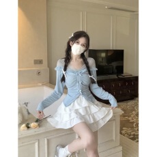 批发两件套装夏新款甜美设计感拼接长袖T恤高腰显瘦蛋糕半身裙ins