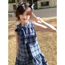 批发蓝色格子衬衫无袖背心<b class='q'>连衣裙</b>子女夏季2025新款爆款小个子蛋糕短裙